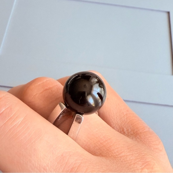Modernist Black Onyx Sphere Ball Sterling Silver Ring TD Designer - Picture 14 of 15